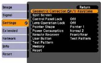 Image Signal Settings Extended Network Info Reset Geometric Correction Off/V-Keystone Split Screen Control Panel Lock Off Lens Operation Lock Off Pointer Shape Pointer 1 Power Consumption Normal 2 Remote Receiver Front/Rear User Button Test Pattern Test Pattern Memory Reset Return