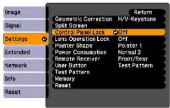 Image Signal Settings Extended Network Info Reset Geometric Correction H/V-Keystone Split Screen Control Panel Lock Off Lens Operation Lock Off Pointer Shape Pointer 1 Power Consumption Normal 2 Remote Receiver Front/Rear User Button Test Pattern Test Pattern Memory Reset Return