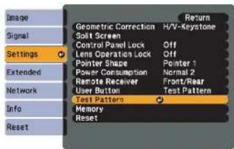 Image Signal Settings Extended Network Info Reset Geometric Correction H/V-Keystone Split Screen Control Panel Lock Off Lens Operation Lock Off Pointer Shape Power Consumption Normal 2 Remote Receiver Front/Rear User Button Test Pattern Test Pattern Memory Reset