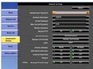 Network settings Basic Wireless LAN Security Wire Label Administrator Setting Power Setup Connection Administrator Password: Network Mask Name: File Name: New Control Password: Monitor Password: Secure HTTP: Net Security: Network Connection: System Security: Priority Security: AMP Device Currency: Creative Software: Manager: CDMA: Memory Broadcasting
