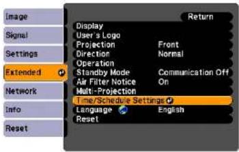 Image Signal Settings Extended Network Info Reset Display User's Logo Projection Direction Operation Standby Mode Air Filter Notice Multi-Projection Time/Schedule Settings Language Reset Return Front Normal Communication Off On English