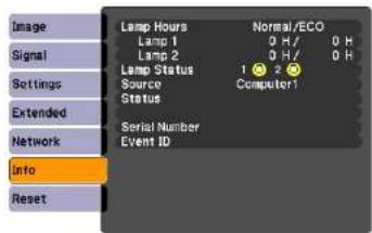 Image Signal Settings Extended Network Info Reset Lamp Hours Normal/ECO Lamp 1 0 H/ 0 H Lamp 2 0 H/ 0 H Lamp Status 1 2 Source Computer1 Status Serial Number Event ID