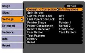 Image Signal Settings Extended Network Info Reset Geometric Correction H/V-Keystone Split Screen Control Panel Lock Off Lens Operation Lock Off Pointer Shape Pointer 1 Power Consumption Normal 2 Remote Receiver Front/Rear Liser Button Test Pattern Test Pattern Memory Reset Return