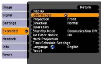 Display User's Logo Projection Front Direction Normal Operation Standby Mode Communication Off Air Filter Notice On Multi-Projection Time/Schedule Settings Language English Reset