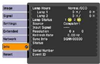 Image Signal Settings Extended Network Info Reset Lamp Hours Normal/ECO Lamp 1 0 H/ 0 H Lamp 2 0 H/ 0 H Lamp Status 1 2 Source Computer1 Input Signal ---- Resolution 0 x 0 Refresh Rate C.00 Hz Sync Info SGNN 00000 Status Serial Number Event ID
