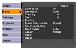 Image Signal Settings Extended Network Info Reset Auto Setup On Resolution Auto Tracking 0 Sync 0 Position Frame Interpolation Normal Super-resolution 1 Input Signal Auto Aspect Normal Scale Reset Return