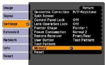 Image Signal Settings Extended Network Info Reset Geometric Correction H/V-Keystone Split Screen Off Control Panel Lock Off Lens Operation Lock Off Pointer Shape Pointer 1 Power Consumption Normal 2 Remote Receiver Front/Rear User Button Test Pattern Test Pattern Memory Reset