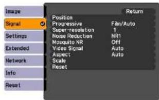 Image Signal Settings Extended Network Info Reset Position Progressive Super-resolution Noise Reduction Mosquito NR Video Signal Aspect Scale Reset Return Film/Auto 1 NR1 Off Auto Auto