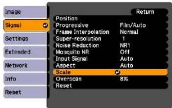 Image Signal Settings Extended Network Info Reset Position Progressive Frame Interpolation Super-resolution Noise Reduction Mosquito NR Input Signal Aspect Scale Overscan Reset Return Film/Auto Normal 1 Off Auto Auto 8%