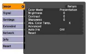 Image Signal Settings Extended Network Info Reset Color Mode Brightness Contrast Sharpness Abs. Color Temp. Advanced Auto Iris Reset Return Presentation 0 0 0 K Off