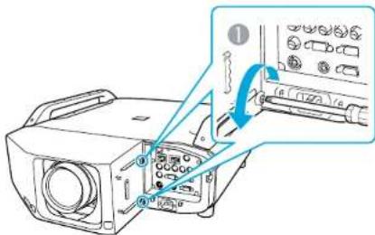 Diagram showing a projector with labeled ports and a close-up of the device's internal structure, likely illustrating a physical or electronic component.