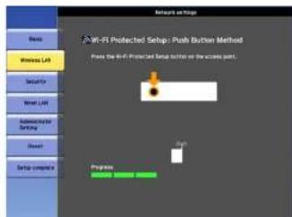 Network settings WIFI-PI Protected Setup: Push Button Method Press the Wi-Fi Protected Setup button on the access point. Progress