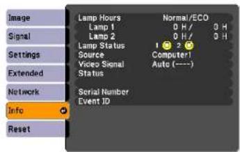 Image Signal Settings Extended Network Info Reset Lamp Hours Normal/ECO Lamp 1 0 H / 0 H Lamp 2 0 H / 0 H Lamp Status 1 😊 2 😊 Source Computer! Video Signal Auto (----) Status Serial Number Event ID