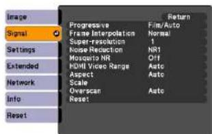 Image Signal Settings Extended Network Info Reset Progressive Frame Interpolation Super-resolution Noise Resolution Mosquito Nk HDMI Video Range Aspect Scale Overscan Reset Return Fine/Auto Normal NR1 Off Auto Auto
