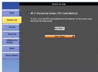 Network security Wireless LAN Security Road LAN Administrator Setting Reset Setup network All Fi Protected Setup: PBN Code Method To start, enter the PBN code instead by the projector for the same point and press the installation. 07.18.15 Start Site 2