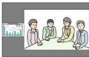 Illustration of four business people in a meeting with a small line chart in the background showing a rising trend.