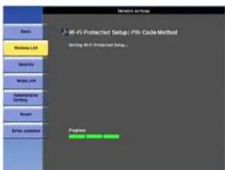 Network setup MI-FI Protected Setup / PINK Code Method Setting Wi-Fi Protected Setup... Progress