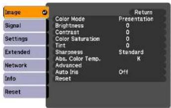 Image Signal Settings Extended Network Info Reset Color Mode Brightness Contrast Color Saturation Tint Sharpness Abs. Color Temp. Advanced Auto Iris Reset Return Presentation 0 0 0 Standard K Off