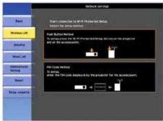 Network settings Start conversion to Wi-Fi Projected Setup Select the Web Services Method. USB Subcode Method To ensure that the Wi-Fi Projected Setup is based on the projector and at the accesspoints. PBI Code method To access, after the Wi-Fi code designed by the productor for the accesspoints. OK