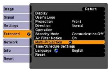 Image Signal Settings Extended Network Info Reset Display User's Logo Projection Direction Operation Standby Mode Air Filter Notice Multi-Projection Time/Schedule Settings Language Reset Return Front Normal Communication Off On English