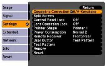 Image Signal Settings Extended Network Info Reset Geometric Correction Off/V-Keystone Split Screen Control Panel Lock Off Lens Operation Lock Off Pointer Shape Pointer 1 Power Consumption Normal 2 Remote Receiver Front/Rear User Button Test Pattern Test Pattern Memory Reset Return