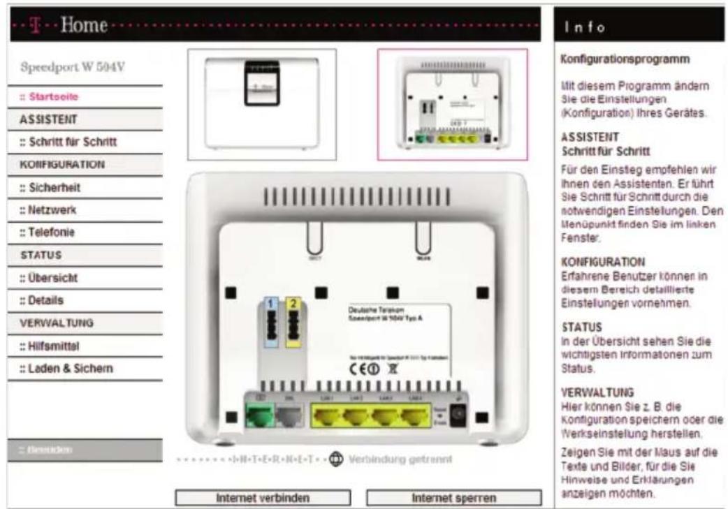 T-Mobile Speedport W 504V - Aufrufen des Konfigurationsprogramms. - 1
