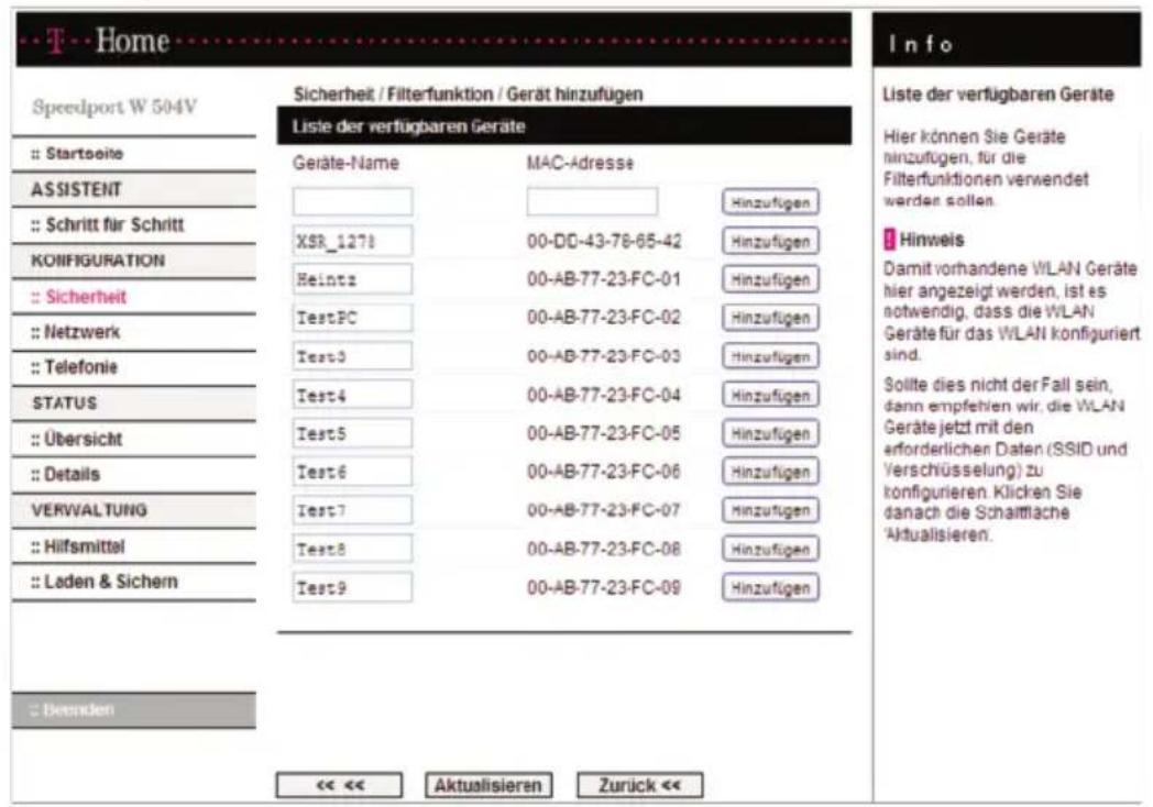 T-Mobile Speedport W 504V - Liste für Geräte mit Filterfunktion - 1