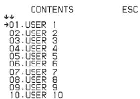 CONTENTS ESC ↓↓ →01. USER 1 02. USER 2 03. USER 3 04. USER 4 05. USER 5 06. USER 6 07. USER 7 08. USER 8 09. USER 9 10. USER 10