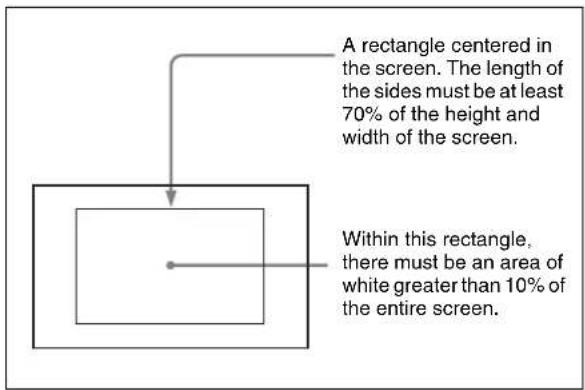 A rectangle centered in the screen. The length of the sides must be at least 70% of the height and width of the screen. Within this rectangle, there must be an area of white greater than 10% of the entire screen.