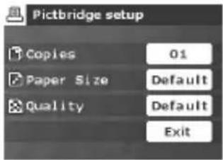 Pictbridge setup Copies 01 Paper Size Default Quality Default Exit