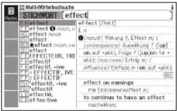 Multi-Worterbuchsuches STICHWORT [effect] E: e-flect F: e-flect ① noun, v R: e-flect noun B: e-fact K: e-fact L: e-fact F: e-facteur, THI F: e-factif F: e-factif, -ive F: e-ffectif, IVE F: e-ffectif- F: e-factif, -ive F: e-factif L: e-factif, L: e-fective e-fect [fekt] L. n ● (result) Wirkung f, Effekt m; ( consequence) Auswirkung f [up] on auf +akk), Folge f ([up] on für + akk); (success) Erfolg m; ( influence) Einfluss m (on auf +skk) effect on earnings run Einkommensetfekt m; to continue to have an effect nachwirken;