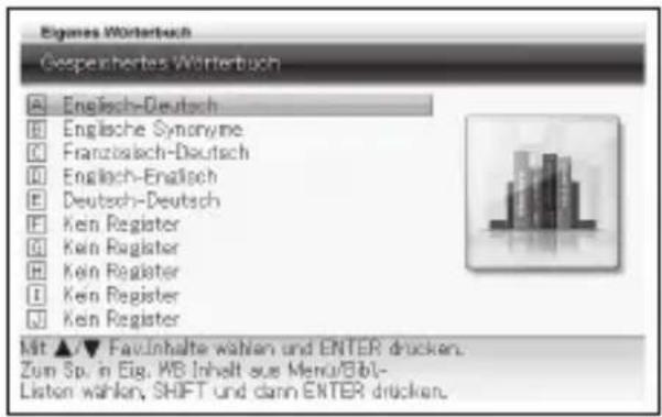 Eigames Wörterbuch Gespeinhertes Wörterbuch A Englisch-Deutsch B Englische Synonyme C Französisch-Deutsch D Englisch-Englisch E Deutsch-Deutsch F Kein Register G Kein Register H Kein Register I Kein Register J Kein Register Mit ▲/▼ Fav-Inhalte wählen und ENTER drücken. Zum Sp. in Eig. WB Inhalt aus Menu/Bibli- Listen wählen, SHIFT und dann ENTER drücken.