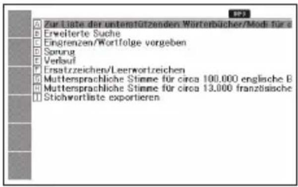 Zur Liste der unterstutzenden Wörterbücher/Modi für e Erweiterte Suche Eingrenzen/Wortfolge vorgeben Sonung Verlauf Ersatzzeichen/Leerwortzeichen Muttersprachliche Stimme für circa 100.000 englische B Muttersprachliche Stimme für circa 13.000 franztatische Stichwortliste exportieren