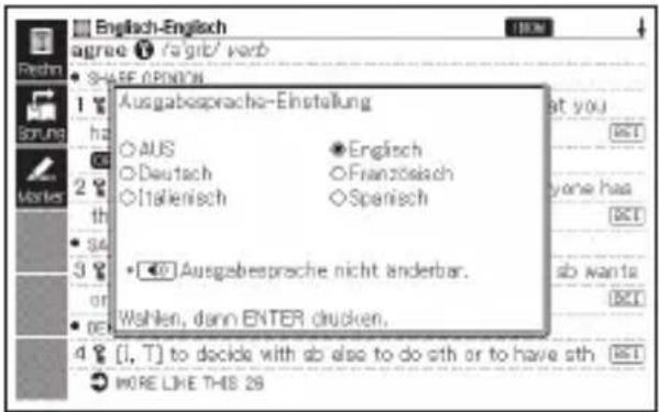Englach-Englisch agree 1 /'a'gib/ verb • SHARE OPTION Ausgabesprache-Einstellung ○AUS ○Deutsch ○Italienisch ●Englisch ○Französisch ○Spanisch •Ausgabesprache nicht anderbar. Wahlen, dann ENTER drücken. [1, T] to decide with sb also to do sth or to have sth MORE LIKE THIS 29