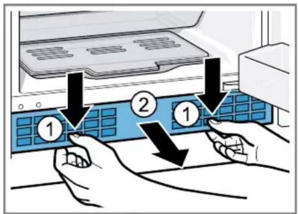Diagram showing hands operating a computer with labeled buttons and directional arrows indicating process steps