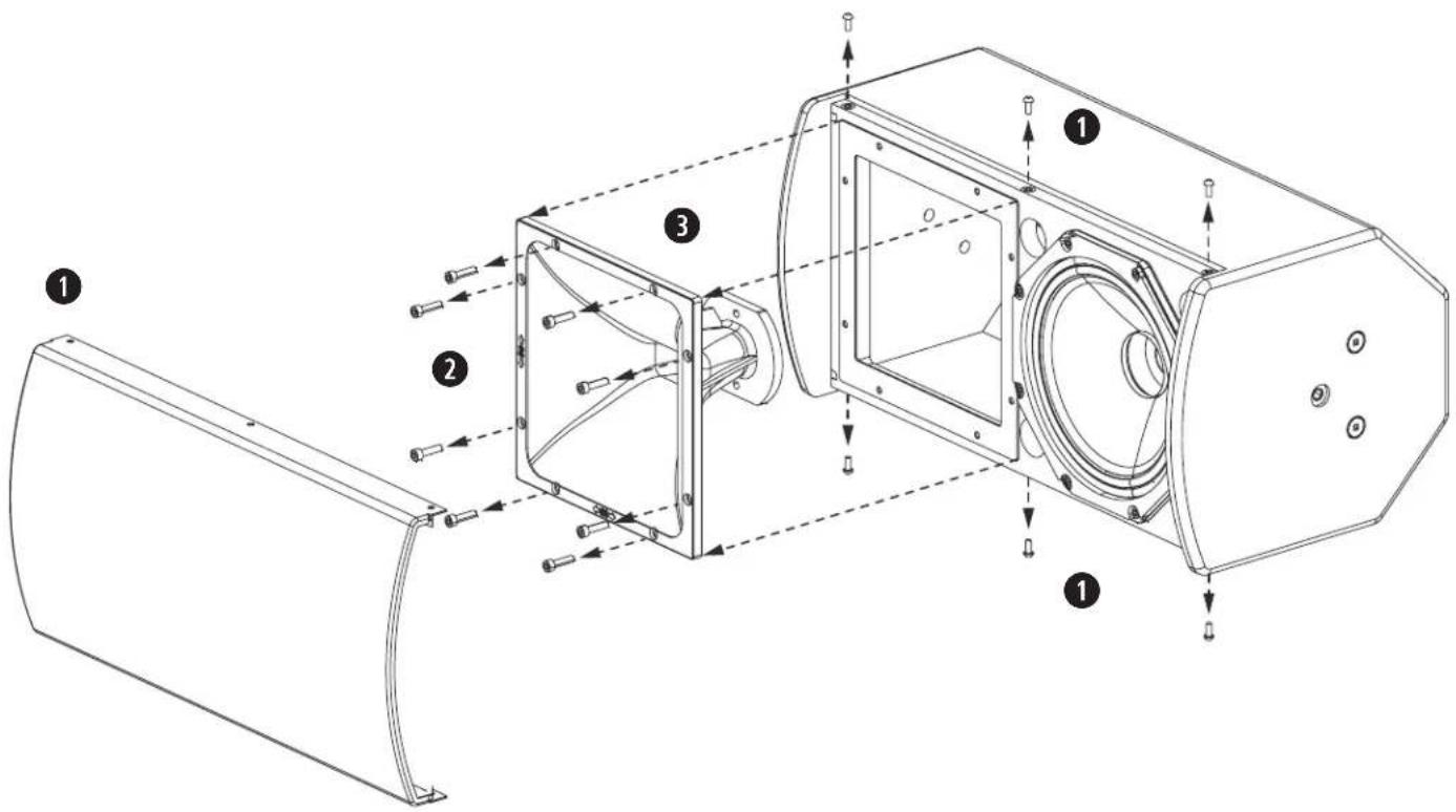 Technical diagram of a device with numbered components and directional arrows indicating assembly or assembly steps.