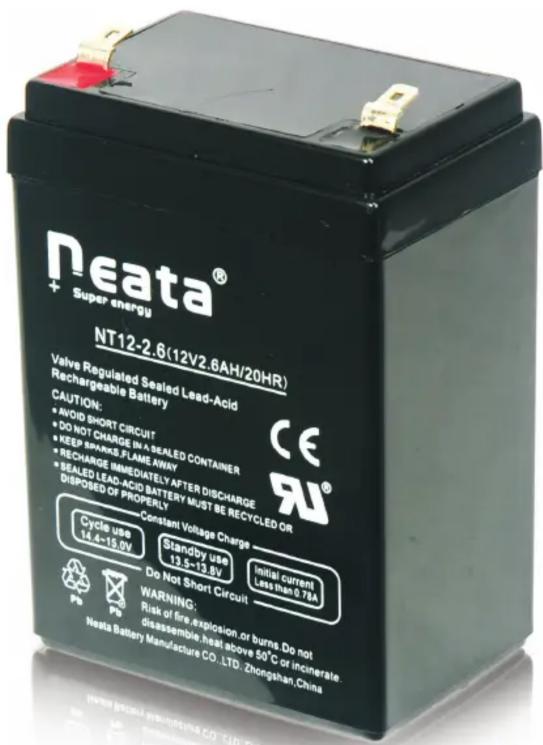 neata® + Super energy NT12-2.6(12V2.6AH/20HR) Valve Regulated Sealed Lead-Acid Rechargeable Battery CAUTION: • AVOID SHORT CIRCUIT • DO NOT CHARGE IN A SEALED CONTAINER • KEEP SPARKS FLAME AWAY • RECHARGE IMMEDIATELY AFTER DISCHARGE • SEATED LEAD-ACID BATTERY MUST BE RECYCLED OR DISPOSED OF PROPERLY Constant Voltage Charge Cycle use 14.4-15.0V Standby use 13.5-13.8V Initial current Less than 9.7kA Do Not Short Circuit WARNING: Risk of fire explosion or burns Do not disassemble,heat above 50°C or incinerate. Nesta Battery Manufacture CO.,LTD. Zhongshan,China