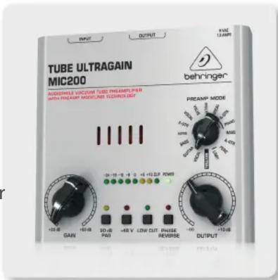 TUBE ULTRAGAIN MIC200 MODEPHILE VACUATE TUBE PREAMLAMP PAR WITH FIREAMM MODELS/INS TECHNOLOGY behringer PREAMP MODE GAIN 100-15 dB 30-60 PAO +40 V LOW CUT PHASE REVERSE OUTPUT OUTPUT 8VAC 12AmpR