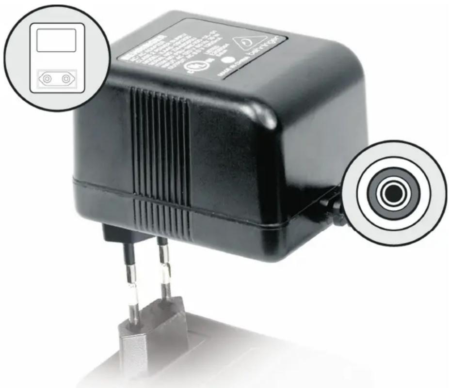 Product photo of a black industrial sensor device with labeled components and two circular annotations showing device status and target zones.