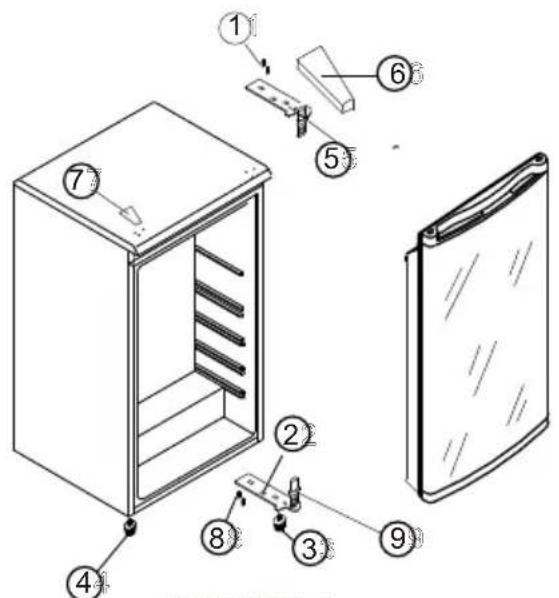 Technical diagram of a refrigerator with numbered parts for identification and assembly reference