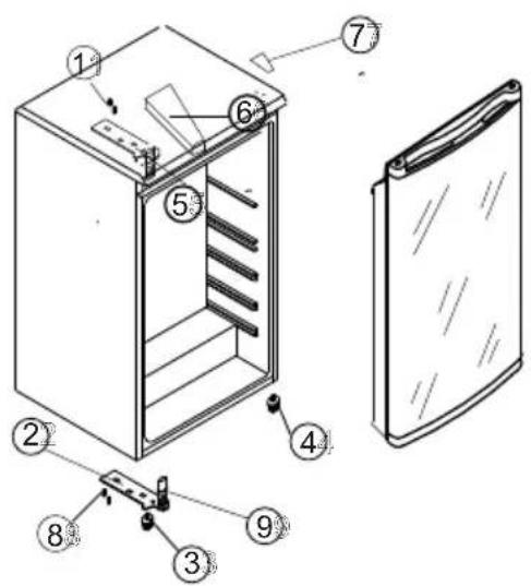 Technical diagram of a refrigerator with numbered parts for identification and assembly reference.
