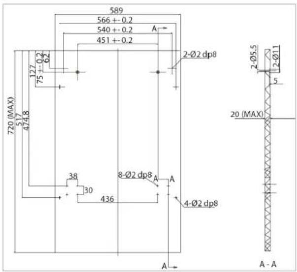 589 566 +- 0.2 540 +- 0.2 451 +- 0.2 A 720 (MAX) 517 474.8 127 75 + 0.2 62 38 30 436 8-Ø2 dp8 A A 4-Ø2 dp8 2-Ø2 dp8 2-Ø5.5 2-Ø11 5 20 (MAX) A - A
