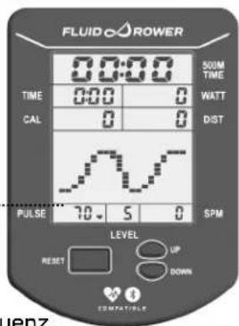 FLUID C-ROWER 00:00 SOM TIME TIME 0:00 0 WATT CAL 0 0 DIST PULSE 70.5 0 SPM LEVEL UP DOWN RESET COMPATIBLE Jenz