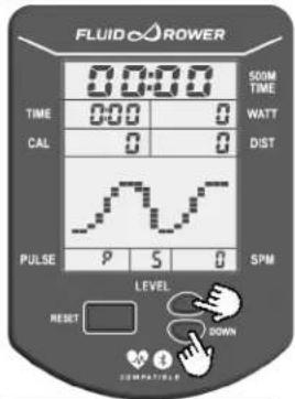 FLUID C-ROWER 00:00 SOM TIME TIME 0:00 0 WATT CAL 0 0 DIST PULSE P S 0 SPM LEVEL RESET DOWN COMPATIBLE