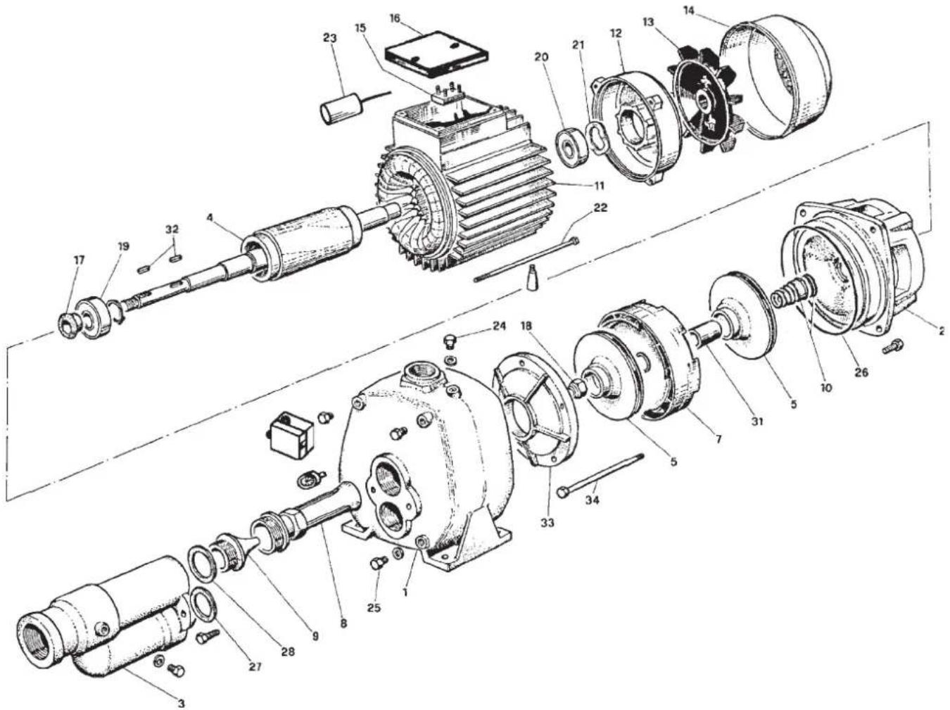 Technical diagram of an electric motor assembly with numbered components for identification