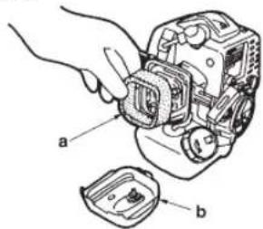 Technical diagram showing a hand holding a mechanical component labeled 'a' and a separate housing labeled 'b'
