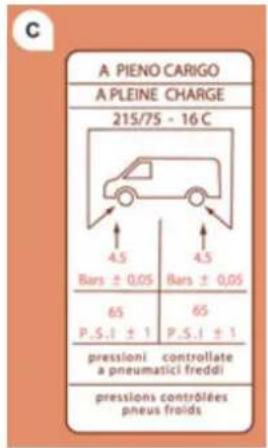 A PIENO CARIGO A PLEINE CHARGE 215/75 - 16 C 4.5 Bars ± 0,05 4.5 Bars ± 0,05 65 P.S.I ± 1 65 P.S.I ± 1 pressioni controllate a pneumatici freddi pressions contrôlées pneus froids