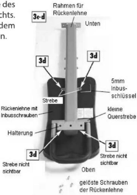 des chts. dem n. 3c-d Rahmen für Rückenlehne Unten 3d 3d 5mm Inbus- schlüssel Strebe Rückenlehne mit Inbusschrauben kleine Querstrebe Halterung 3d 3d Strebe nicht sichtbar Oben gelöste Schrauben der Rückenlehne