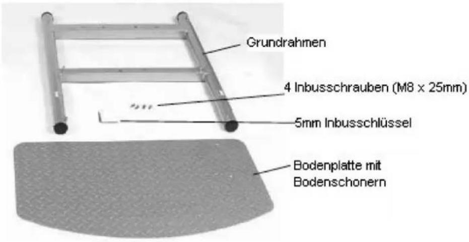 Grundrahmen 4 Inbusschrauben (M8 x 25mm) 5mm Inbusschlüssel Bodenplatte mit Bodenschonern