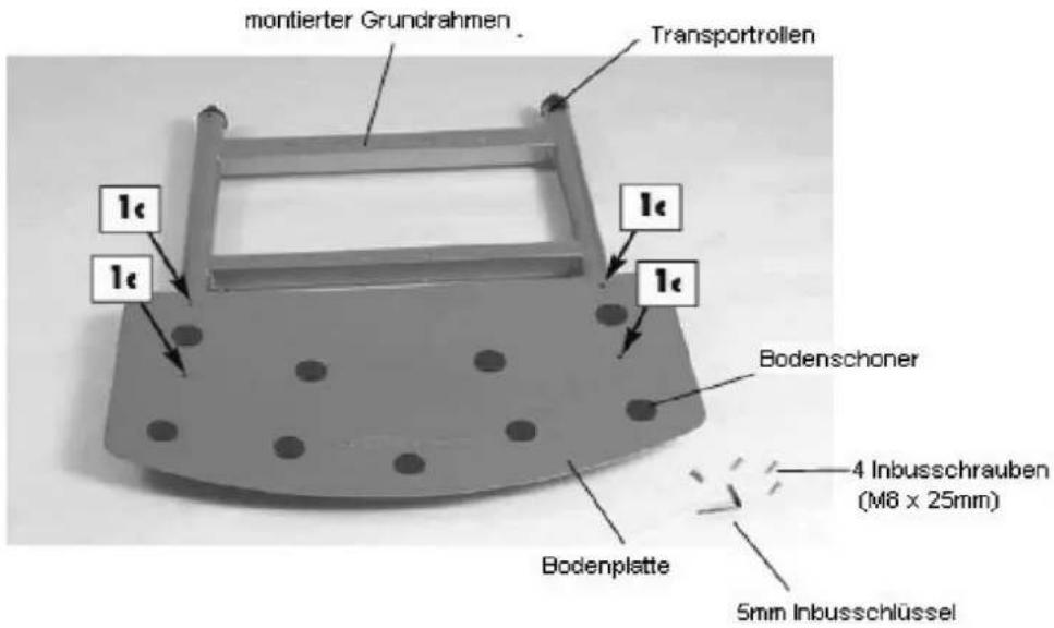 montierter Grundrahmen Transportrollen 1¢ 1¢ 1¢ 1¢ Bodenschoner 4 Inbusschrauben (M8 x 25mm) Bodenplatte 5mm Inbusschlüssel